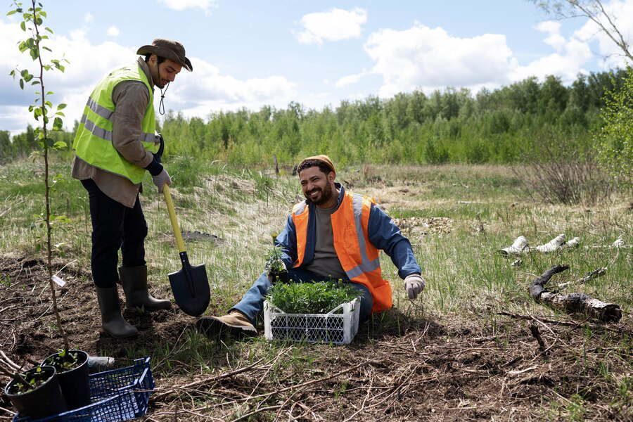 Two people participating in designing a wildlife-friendly habitat, with one person squatting next to saplings and the other standing, holding a shovel.