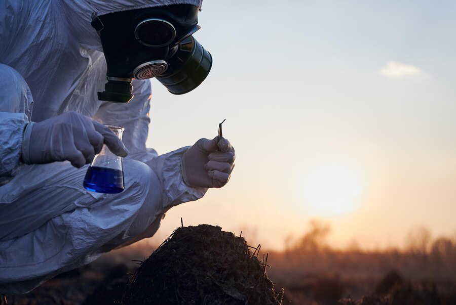 Scientist in protective gear collecting soil sample for analysis at sunset for The Ultimate Guide to Sustainable Prescott Landscaping.