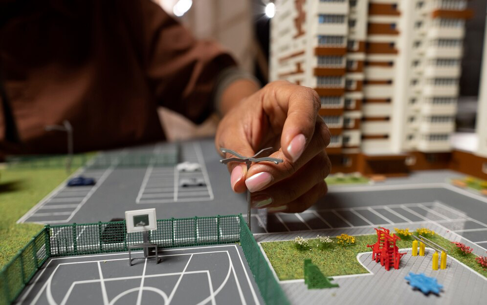An architect or model maker's hand carefully placing a tiny tree onto a detailed architectural scale model, bringing a touch of nature to the miniature urban landscape, demonstrating essential tips and tricks for realism.