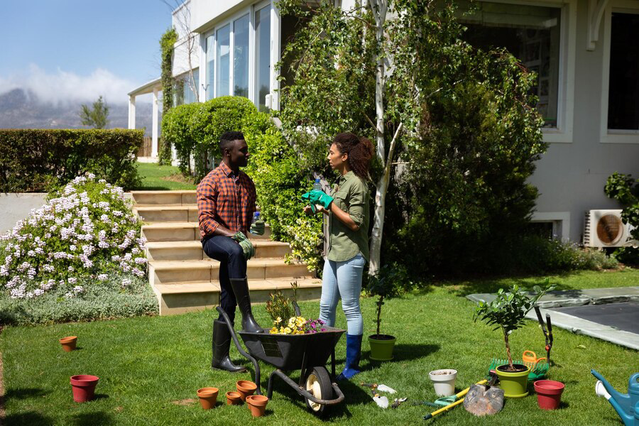 A couple engages in gardening activities together in a lush backyard on a sunny day, surrounded by gardening tools and pots of colorful flowers.
