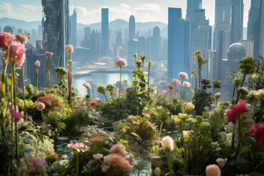 A serene urban oasis: lush flowers in bloom against a backdrop of a gleaming city skyline and tranquil harbor, embodying the latest landscape design trends for 2024.