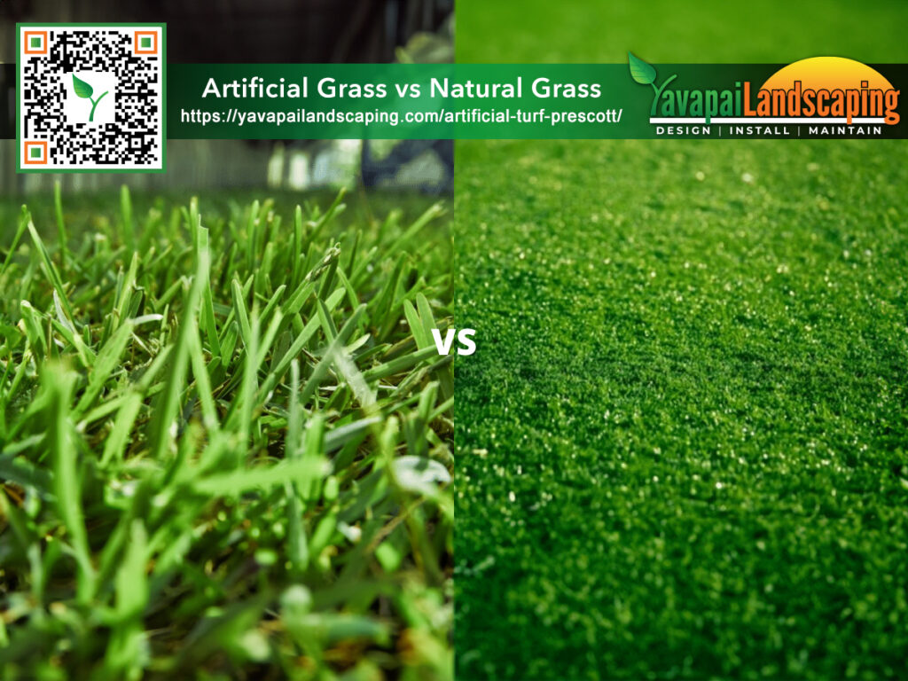 Comparing textures and appearances: a close-up view of natural grass on the left versus the uniformity of artificial turf on the right, with a landscaping company's advertisement in the background.