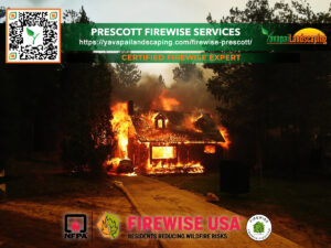 A house engulfed in flames within a forested area, illustrating the importance of firewise services for preventing and mitigating wildfire risks.