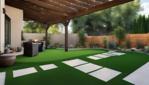 A modern backyard oasis featuring a synthetic grass lawn with neatly placed square stepping stones, surrounded by lush plantings and a wooden fence, with a comfortable outdoor seating area under a wooden pergola.