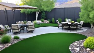 A neatly landscaped backyard with synthetic green grass, featuring a dining area under a large umbrella, a separate seating area, and a perimeter of decorative stones and shrubs against a dark fence.