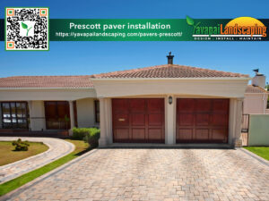 An advertisement for Prescott AZ paver installation by Yavapai Landscaping, with a QR code for more information, set against the backdrop of a neatly landscaped front yard with a paved driveway