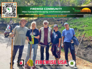 Five adults holding landscaping tools stand proudly under a "firewise community" banner adorned with fire safety logos. An auto draft QR code and link are visible on the left.