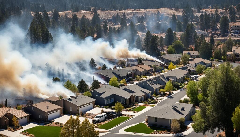 A suburban neighborhood in Prescott, AZ, on the edge of a densely populated area with smoke from a nearby wildfire approaching the homes.
