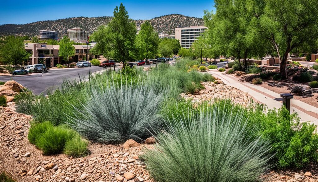 Modern office buildings nestled amidst lush, Firewise Landscaping in Prescott, AZ, under a clear blue sky.