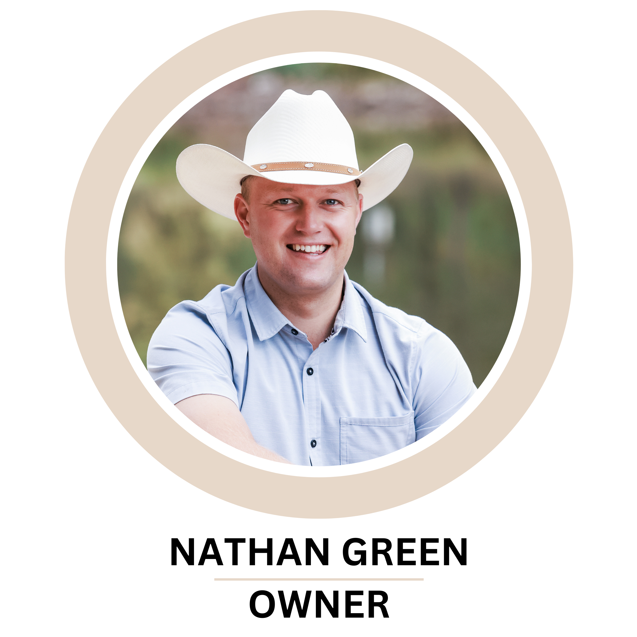 A man wearing a white cowboy hat and light blue button-up shirt is smiling. He is framed within a circular border with a muted green background, perfectly capturing the welcoming spirit of our "About Us" section.
