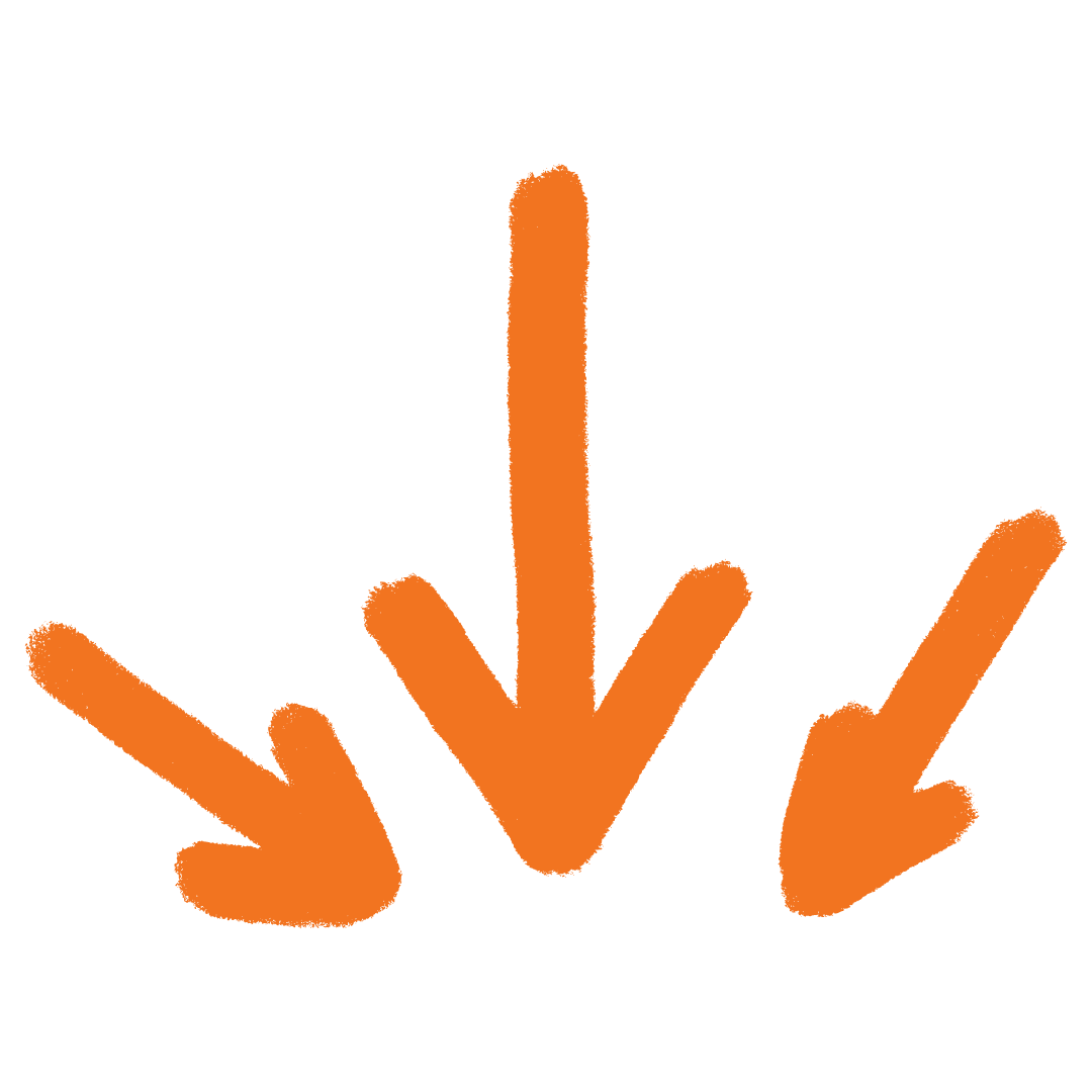 Three orange arrows pointing downward. The middle arrow is slightly larger than the two on each side. The arrows have a rough, hand-drawn appearance. The background is transparent.