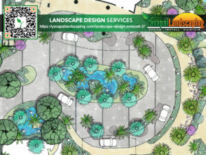 A detailed architectural rendering of a landscape design for a parking area. It features circular water features, various plants, and cars parked around the perimeter. A QR code and the text "LANDSCAPE DESIGN SERVICES" are visible at the top left, with a website link and "Yavapai Landscaping" logo.