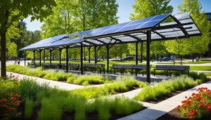 A park scene featuring a covered seating area with a roof made of solar panels. Several benches are arranged under the structure, which is surrounded by well-maintained lawns, shrubs, and flower beds. Trees line the background, and a few people can be seen walking nearby.