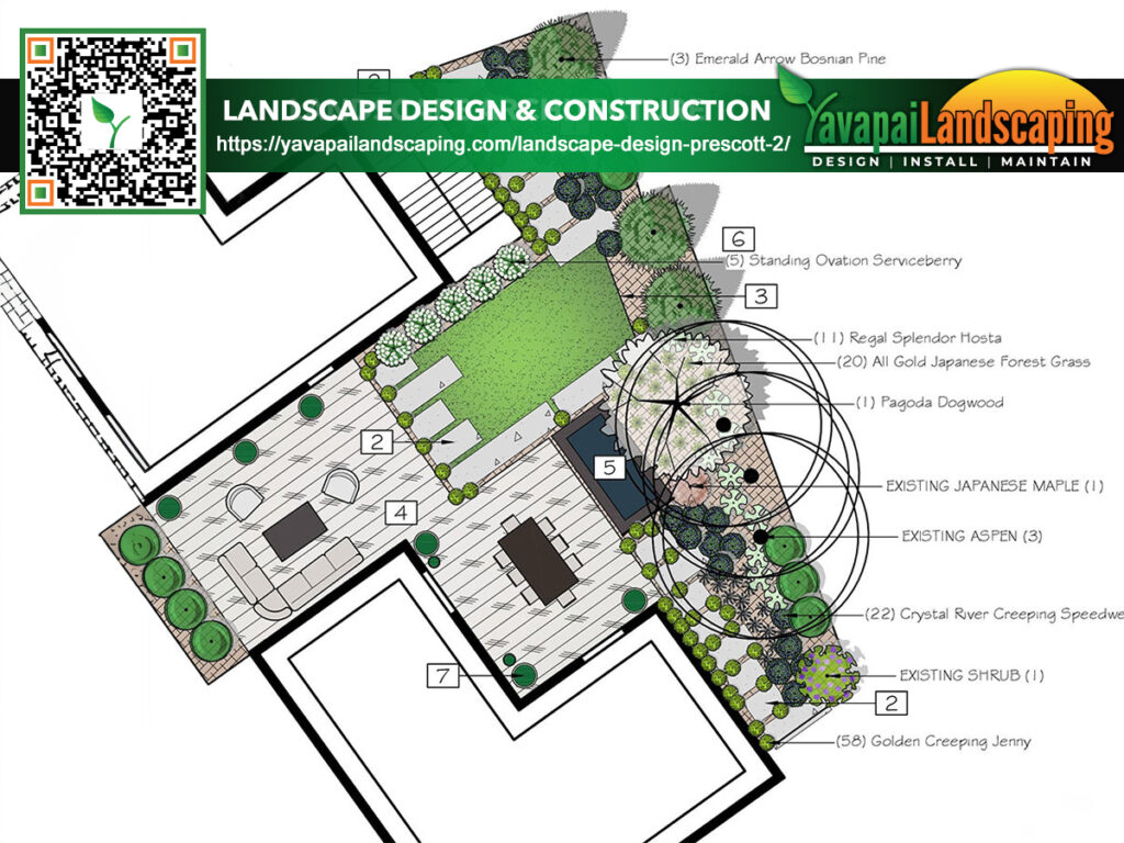 A landscaping layout plan showing various plant placements and garden features surrounding a house. Notable elements include trees, shrubs, and pathways. The top-left corner has a QR code and company information for Yavapai Landscaping.