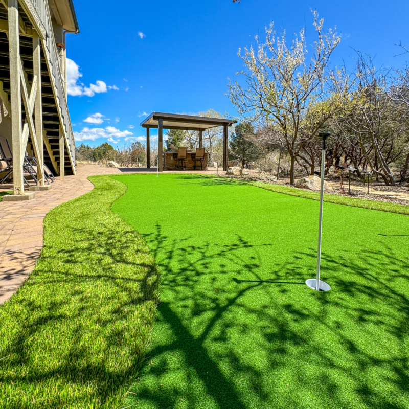 A backyard scene features a vibrant green putting green with a golf flag and cup. To the left, a staircase leads up to the residence. In the background, there is a pavilion with outdoor seating. Bare trees and a clear blue sky complete the landscape.