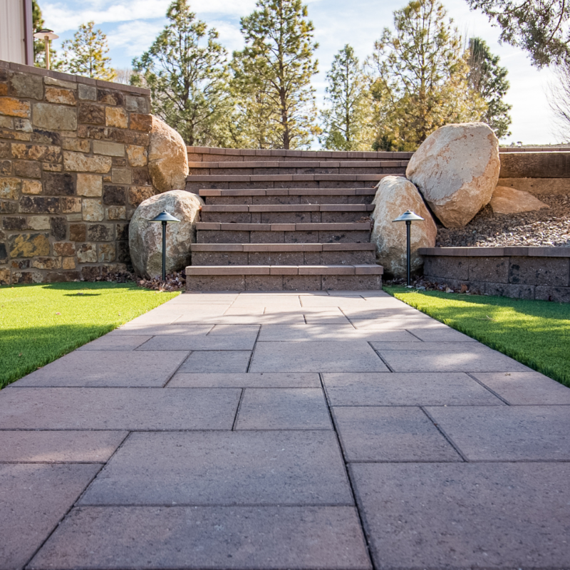 A stone pathway leads to a set of stairs flanked by large boulders and outdoor lanterns, reminiscent of an expertly curated auto draft. The pathway and stairs are set within a landscaped yard with lush green grass, with trees in the background beneath a partly cloudy sky.