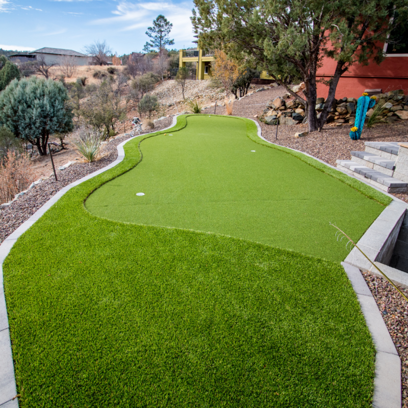 A well-maintained backyard putting green is surrounded by bushes and trees. The grass is perfectly mowed, with two holes marked on the green. Bordered by small stones and a concrete edge, this picturesque scene resembles a portfolio-worthy lightbox with a clear sky and distant landscape in the background.