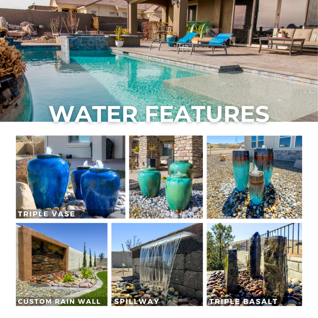 A collage showcases various water features. The top image displays a pool with cascading water. Below are six labeled images: "Triple Vase," "Custom Rain Wall," "Spillway," and "Triple Basalt," illustrating unique vases, a rain wall, a spillway, and basalt columns with water flows.