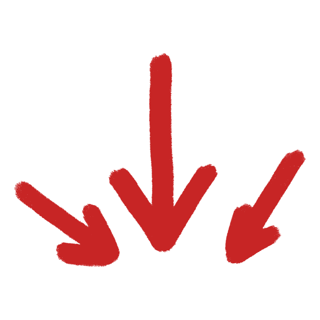 Three red arrows, drawn with a hand-painted effect, point downward. The central arrow is larger and more prominent, while the two arrows on either side are smaller and angled slightly outwards. Perfect for highlighting Firewise services in Prescott. The background is transparent or white.