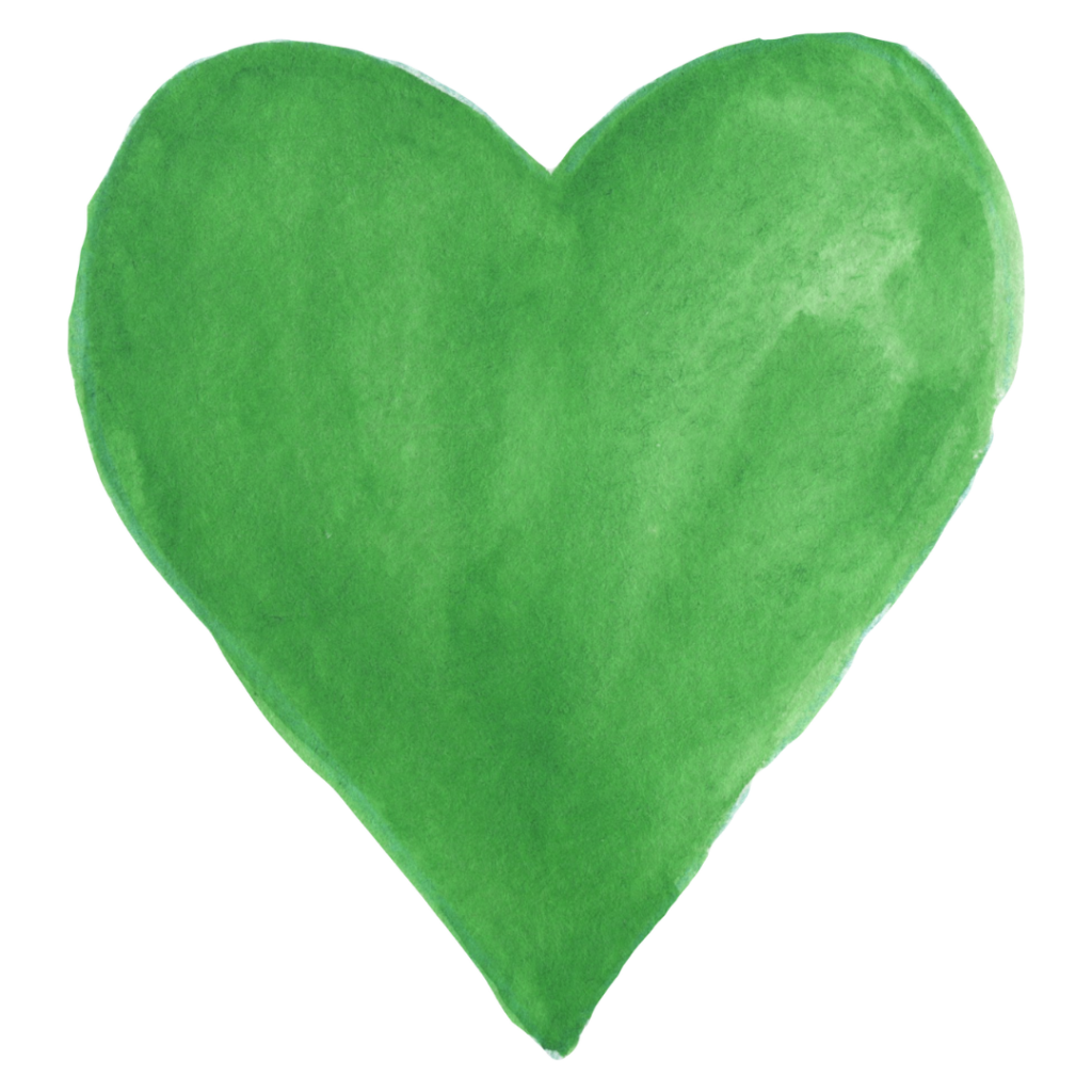 A green heart shape, hand-painted with watercolor, featuring smooth edges and slightly uneven shading that adds a textured, artistic feel to the image. The background is transparent.