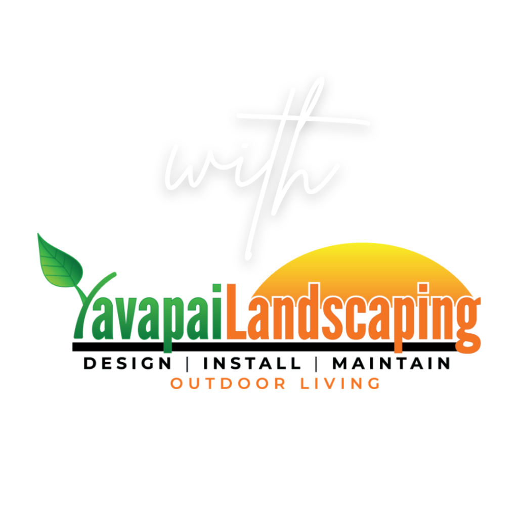 Logo for Yavapai Landscaping. The design features a green leaf, the sun, and text that reads "with Yavapai Landscaping." Below, it lists services: "Design, Install, Maintain, Outdoor Living." The logo uses green, orange, and yellow colors, conveying an outdoor theme.