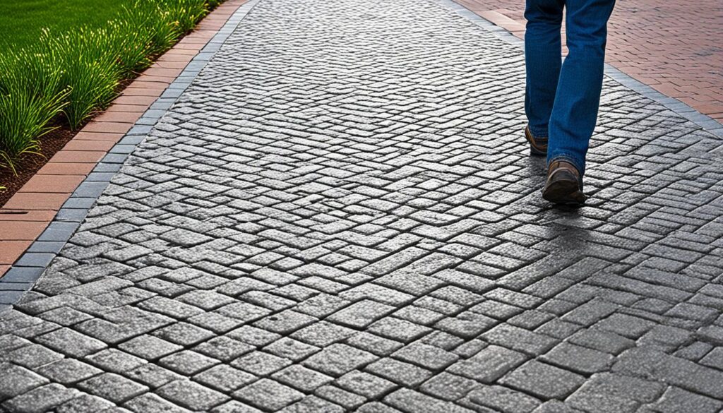 A person wearing blue jeans and brown shoes walks down a pathway made of patterned bricks. The pathway is bordered by red bricks and a strip of green grass with small plants.