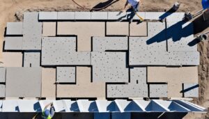 Aerial view of a construction site showing workers installing large, gray rectangular concrete slabs with a pattern of holes. Resembling traditional pavers in a puzzle-like arrangement, these slabs are complemented by various construction materials and tools scattered around the site.