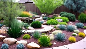 A well-maintained desert garden features an array of drought-resistant plants, including various succulents, agaves, and small shrubs. Pathways are bordered with large rocks and the area is covered with reddish gravel, with a wooden fence and house in the background.