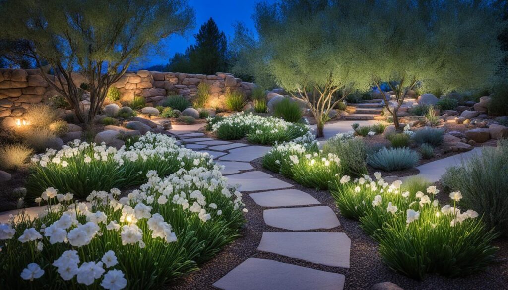 A beautifully lit garden path at dusk, flanked by white flowering plants and subtle, warm garden lights reminiscent of a Moonlight Garden. The path is made of large, flat stones, winding through an arrangement of trees, shrubs, and rocks, creating a serene, inviting landscape.