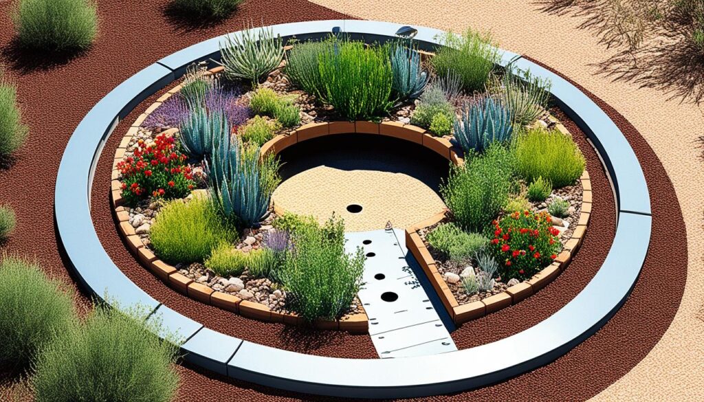 A circular, water-conscious garden in Prescott features a metal pathway leading to its center. The garden is filled with various desert plants, including cacti and colorful flowering shrubs, arranged in concentric circles. Surrounding the garden is a brown gravel landscape reminiscent of keyhole garden designs.