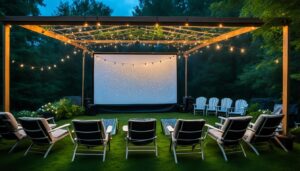 Experience the ultimate Cinema Under the Stars with a nighttime outdoor cinema setup featuring a large white screen, surrounded by string lights draped over a wooden pergola. Rows of cushioned lounge chairs and white Adirondack chairs are arranged on neatly manicured grass in this charming Prescott Backyards setting.