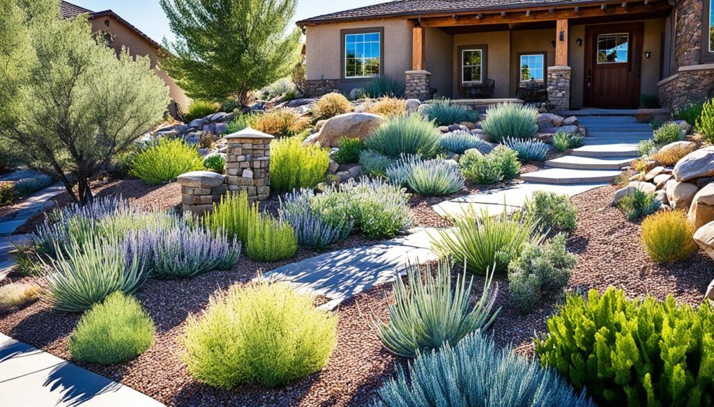 A beautifully landscaped front yard with a variety of drought-tolerant plants and gravel pathways. A modern house with a covered porch and stone accents is visible in the background. The garden features vibrant green and purple shrubs and desert-like vegetation.