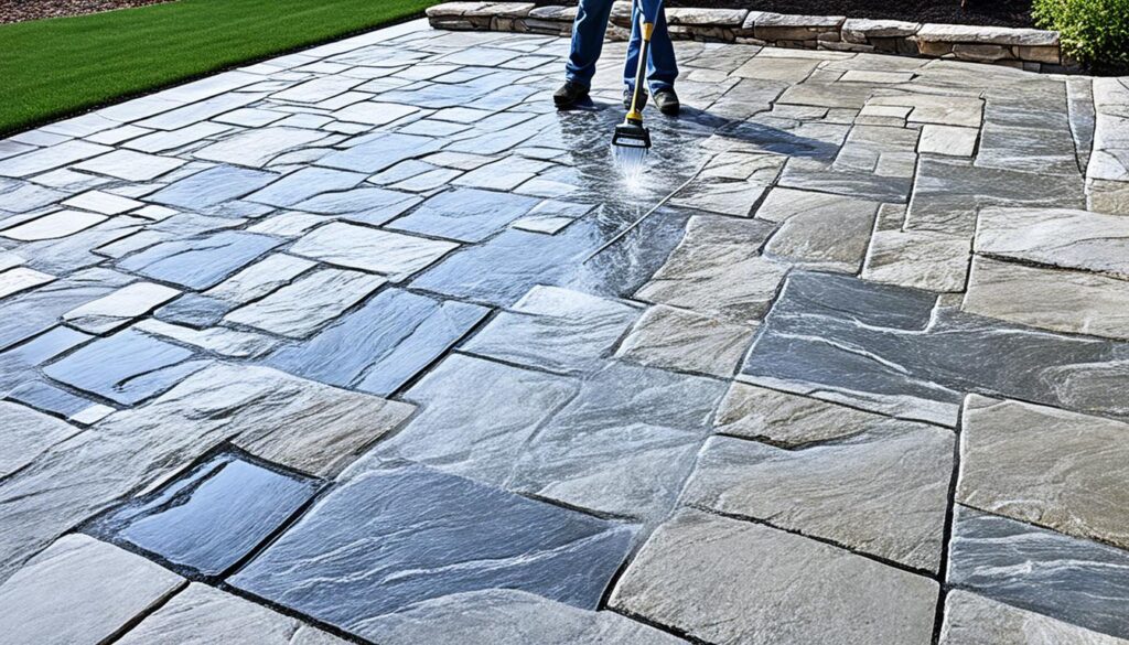 A person is using a power washer to clean a stone patio. The patio consists of large, interlocking rectangular stone slabs, and the section being cleaned appears noticeably darker and wet compared to the dry portion. Driveway maintenance is essential to protect such beautiful stonework. A grassy lawn is visible in the background.