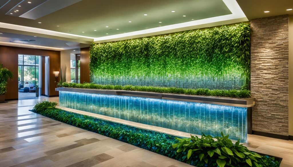 A modern lobby featuring a lush green vertical garden on one wall, with cascading plants extending into a custom water feature below. The space is well-lit with recessed ceiling lights and has a serene and inviting atmosphere, perfect for commercial spaces.