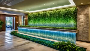 A modern lobby featuring a lush green vertical garden on one wall, with cascading plants extending into a custom water feature below. The space is well-lit with recessed ceiling lights and has a serene and inviting atmosphere, perfect for commercial spaces.