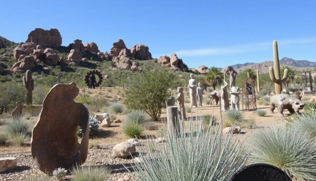 An outdoor garden featuring various stone sculptures, including human figures and animal shapes, set against a Prescott landscape design with cacti, rocks, and mountains in the background. The clear sky showcases a bright sunny day, enhancing the beauty of these outdoor art installations.