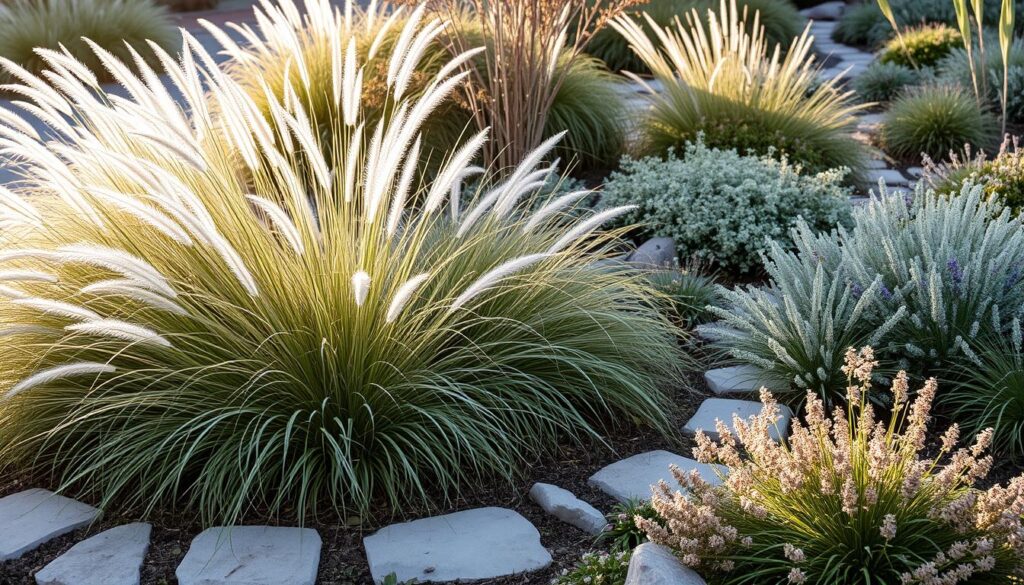 A serene garden with ornamental grasses and plants illuminated by soft sunlight. The scene includes stone paths winding through lush, feathery grass tufts and neatly arranged bushes, akin to an artist's auto draft of a tranquil and aesthetically pleasing outdoor space.