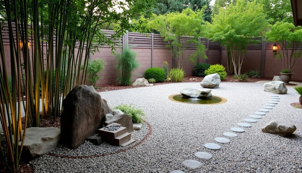 A tranquil Japanese Zen garden design graces the Prescott backyard, featuring a gravel landscape with stepping stones leading to a circular, stone-edged pond. Large boulders, bamboo, and lush green plants line the perimeter, enclosed by a wooden fence. Warm lights adorn this meditative space.