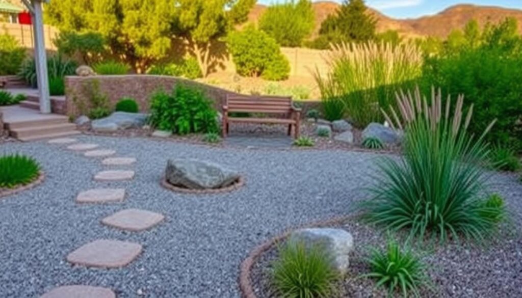 A serene Prescott Backyard with a gravel pathway marked by large stepping stones leads to a wooden bench. The garden features lush greenery, including ornamental grasses and neatly trimmed bushes. In the background are trees and distant hills under a clear sky, creating the perfect Zen Garden Design.