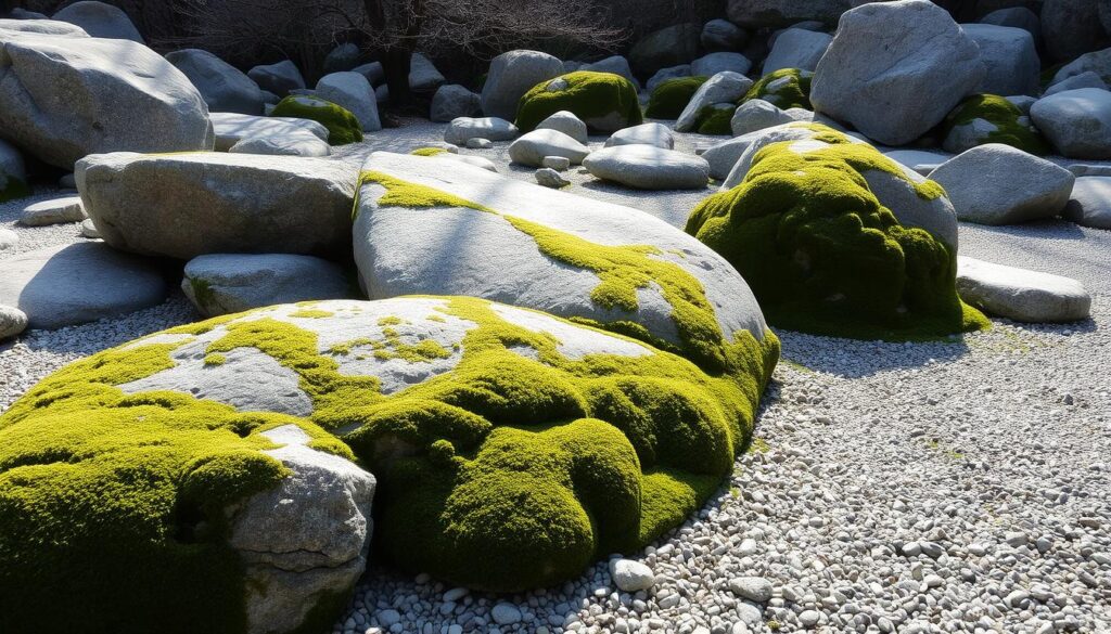 A rocky landscape featuring large boulders with patches of vibrant green moss, ranging in size. Smaller pebbles cover the ground, and shadows from nearby trees can be seen in the background. This Prescott backyard is a natural setting, reminiscent of a zen garden design that invites meditative reflection.