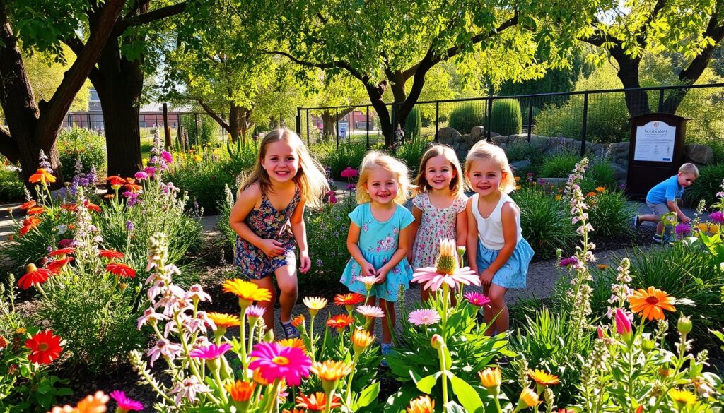 Four children smile and pose together in a vibrant flower garden within the Children's Discovery Garden, filled with colorful blossoms. They are surrounded by greenery and trees on a sunny day. A fence and a sign are visible in the background, while another child bends over exploring the plants.