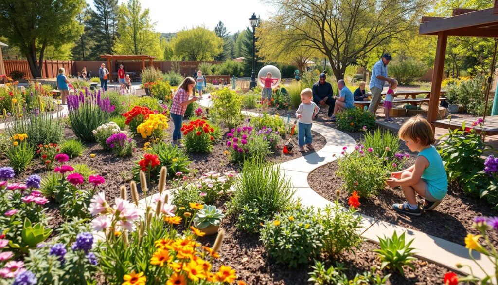 Children and adults exploring the vibrant Children's Discovery Garden with blooming flowers and plants. The garden features winding pathways and picnic tables. Trees and a fence can be seen in the background on a sunny day, making it an ideal spot for Prescott families to enjoy quality time together.