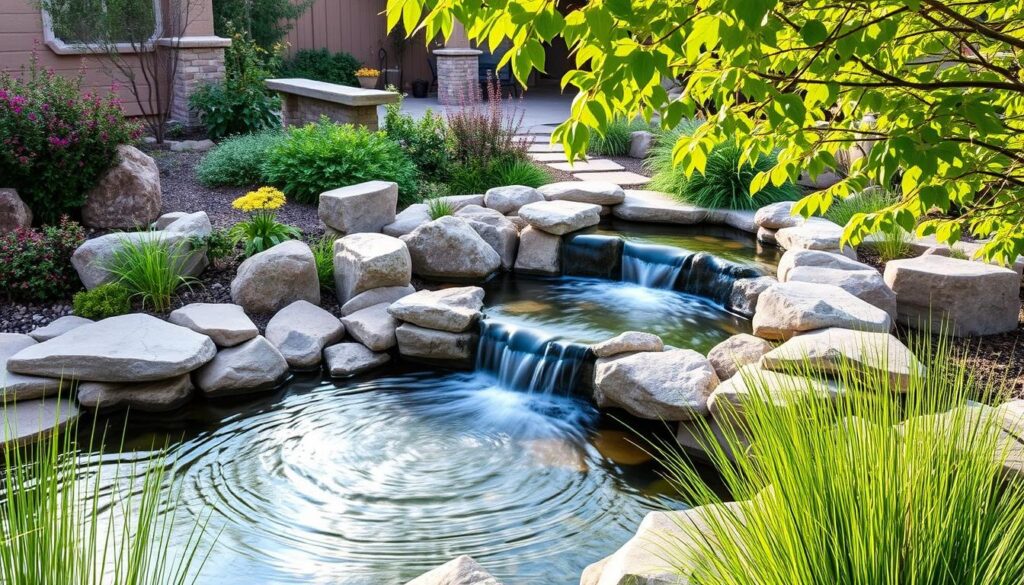 A serene backyard pond with neatly arranged rocks and two small cascading waterfalls, surrounded by lush greenery. Sunlight filters through the trees, casting a warm glow over the tranquil water feature and the well-maintained garden. It's an idyllic spot that looks straight out of an auto draft design.