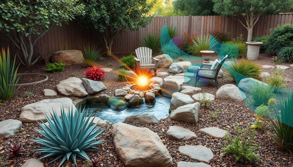 A serene backyard features a small pond with a waterfall surrounded by rocks and various plants. Two chairs, one wooden and one metal, are placed on opposite sides of the pond. A glowing light sits in the center of the water, creating an ambiance that feels like an auto draft of nature's perfection.