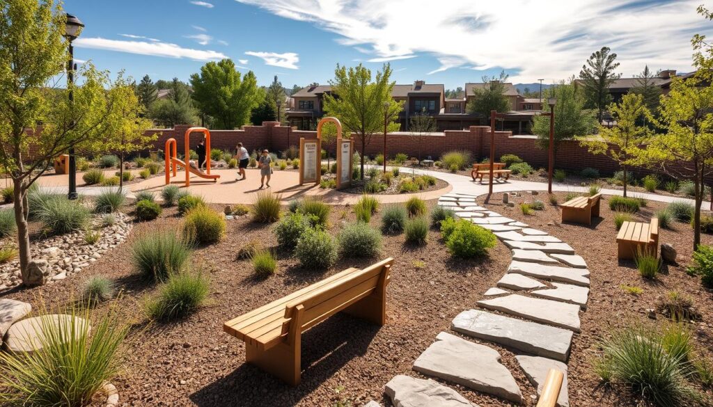 A community park with wooden benches, a meandering stone pathway, and a children's playground with orange equipment. The Prescott Landscape Design incorporates a mix of shrubs and small plants. Residential buildings and trees can be seen in the background under a partly cloudy sky.