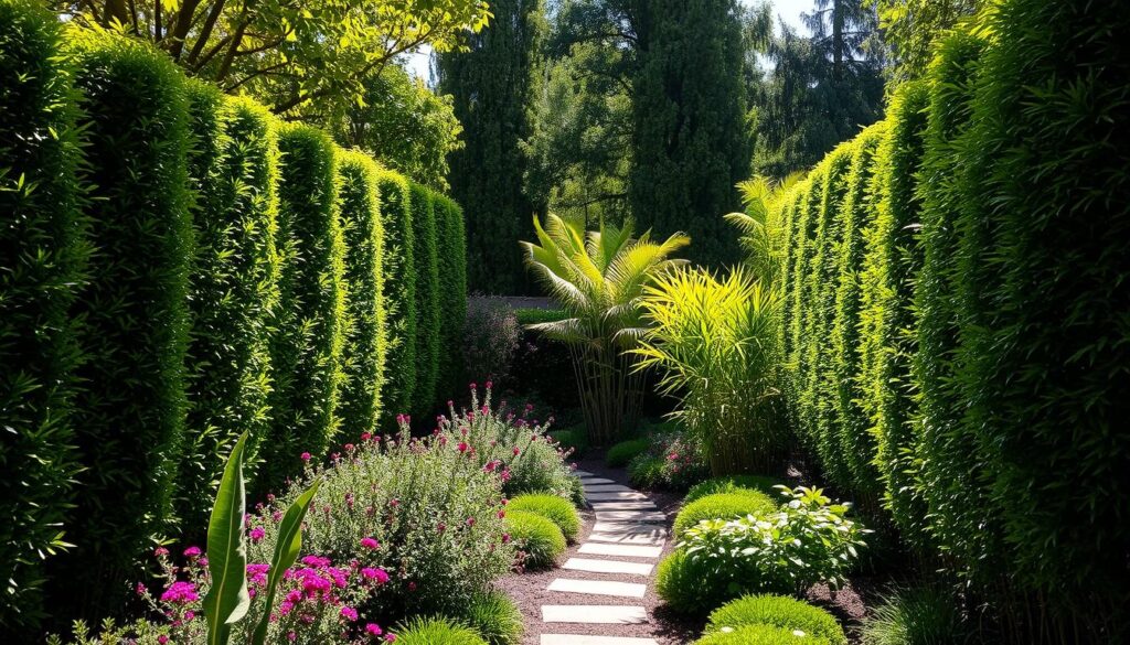 A serene garden scene at Prescott Gardens features a stone path leading through lush greenery and manicured hedges. Vibrant flowers and shrubs line the pathway, with tall trees providing natural screening solutions as bright sunlight filters through the leaves, creating a peaceful, inviting atmosphere.