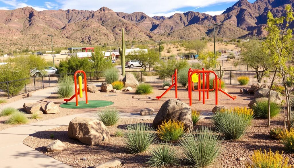 A desert-themed playground with red climbing structures sits among rocks, shrubs, and trees. A concrete path winds through the area. Mountains with rugged peaks and sparse vegetation are in the background under a blue sky with a few clouds, showcasing a perfect Prescott Landscape Design.