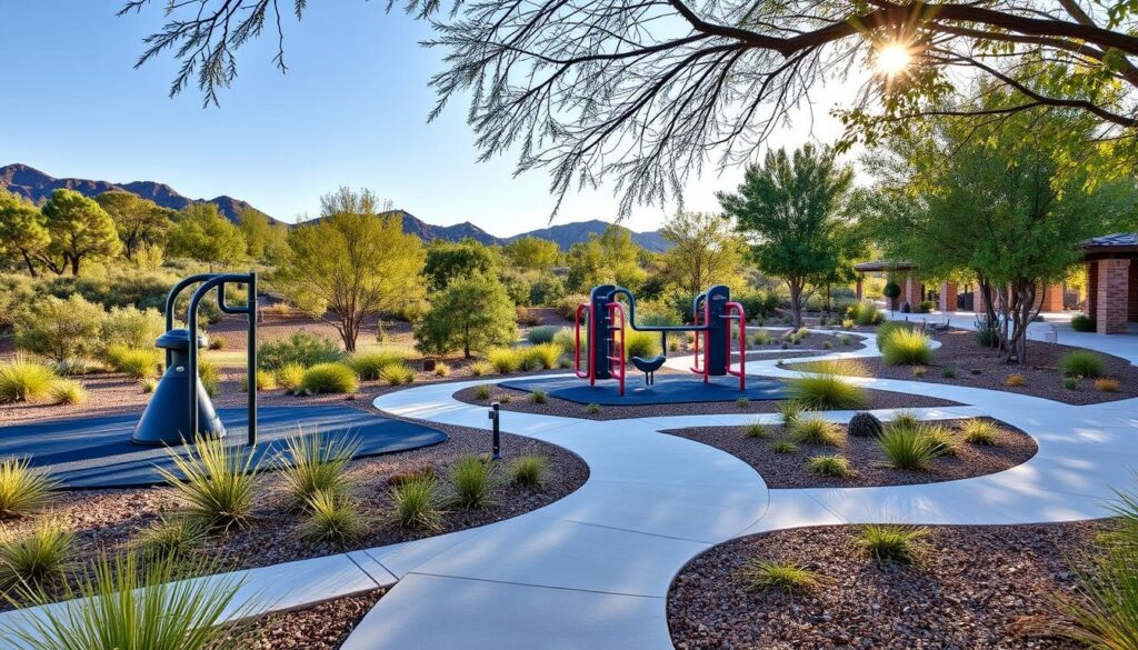 A serene park with a children's playground featuring blue and red play structures. Curved pathways, crafted by Prescott Landscape Design, wind through desert landscaping with rocky soil, various plants, and trees, set against a backdrop of mountains at sunset. The sun peeks through the trees.