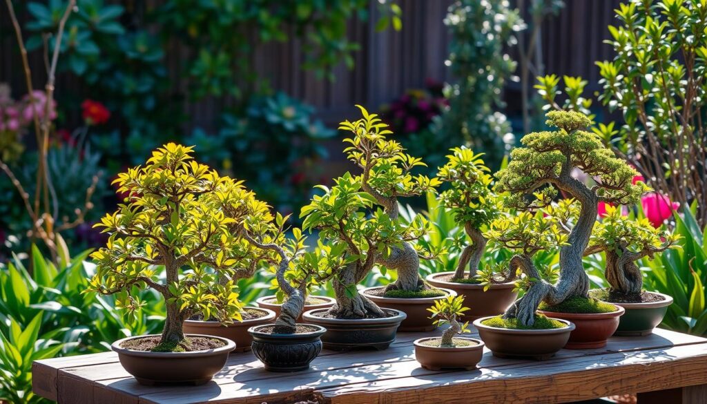 A collection of bonsai trees displayed on a wooden table in a sunlit garden. The trees vary in shapes and sizes, each housed in small pots. The background is filled with lush green plants and colorful flowers, creating a serene atmosphere thanks to the expert touch of Prescott gardeners.