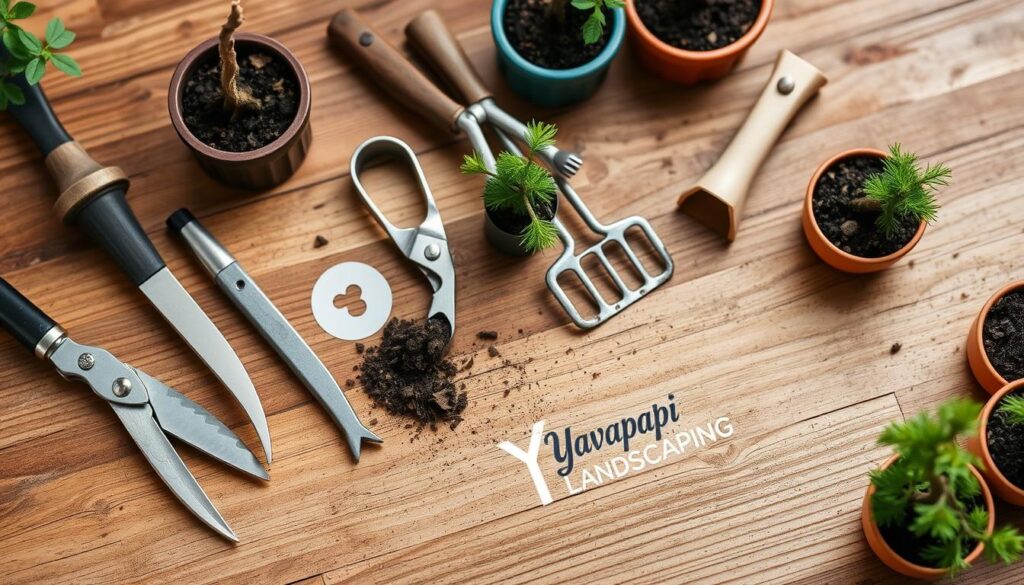 A wooden table displays various gardening tools, including pruning shears, a trowel, a hand rake, and a small potting shovel. Pots with small plants and soil scatter around the tools. A logo "Yavapapi Landscaping" is visible on the table surface, perfect for Prescott Gardeners practicing Bonsai techniques.